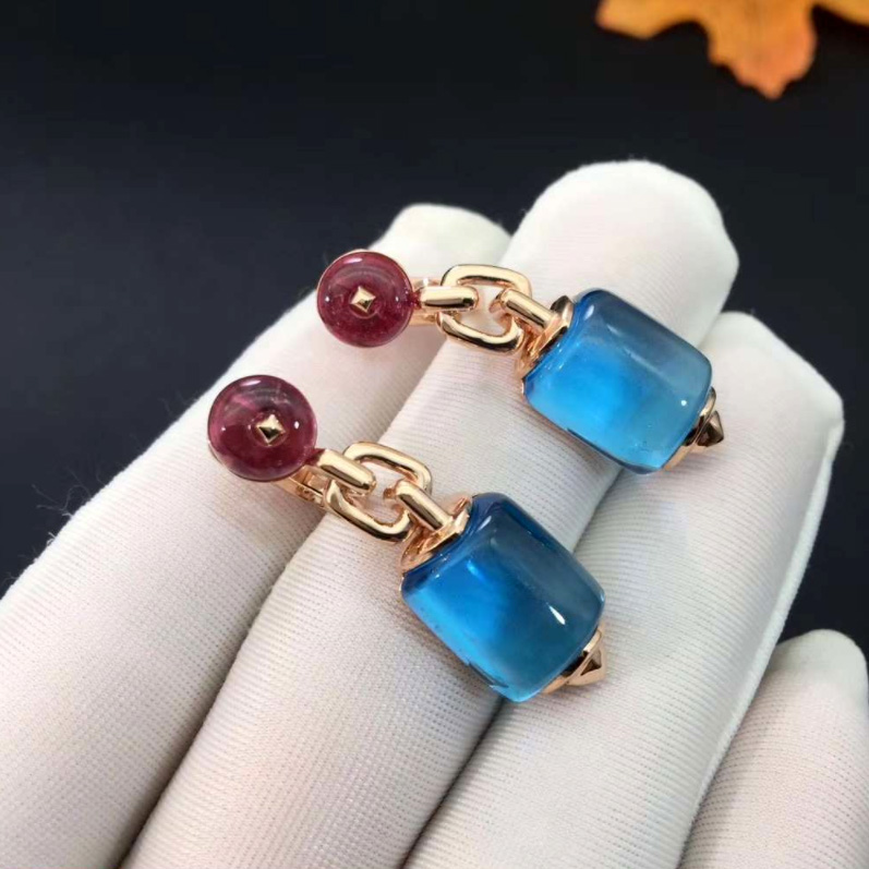 18K Rose Gold Bvlgari Mvsa Earrings set with Blue Topaz and Rubellite Beads