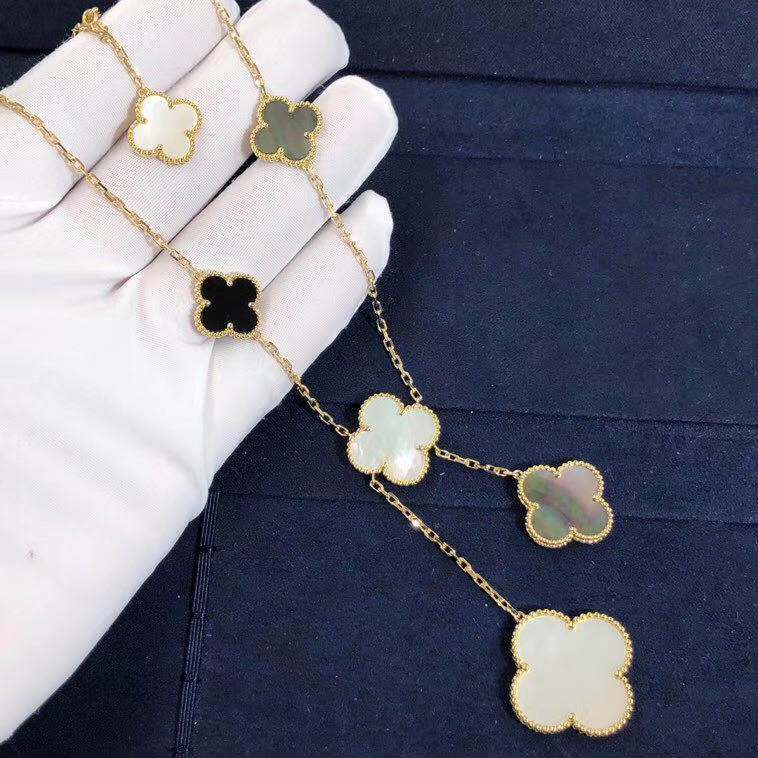 18k Yellow Gold Magic Alhambra 6 Motifs Necklace set with Mother of Pearl and Onyx