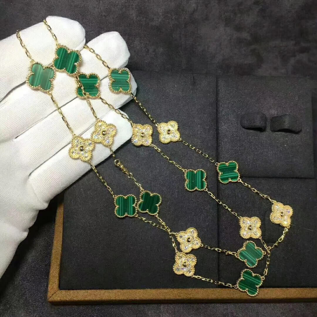 18K Yellow Gold Van Cleef & Arpels Vintage Alhambra 20 Motifs Necklace with Diamonds and Malachites