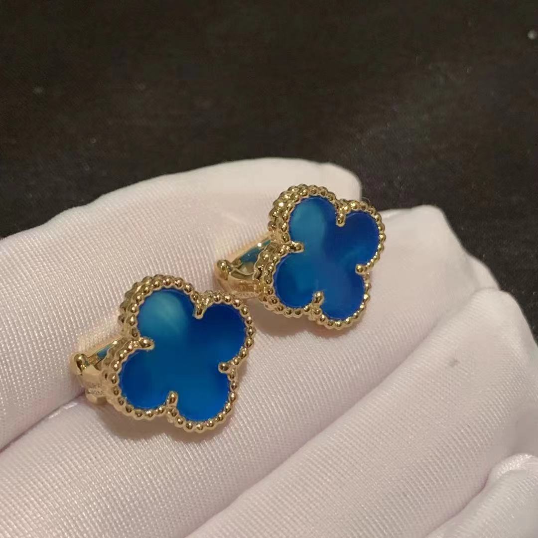 18k Yellow Gold Vintage Alhambra Blue Agate Earrings