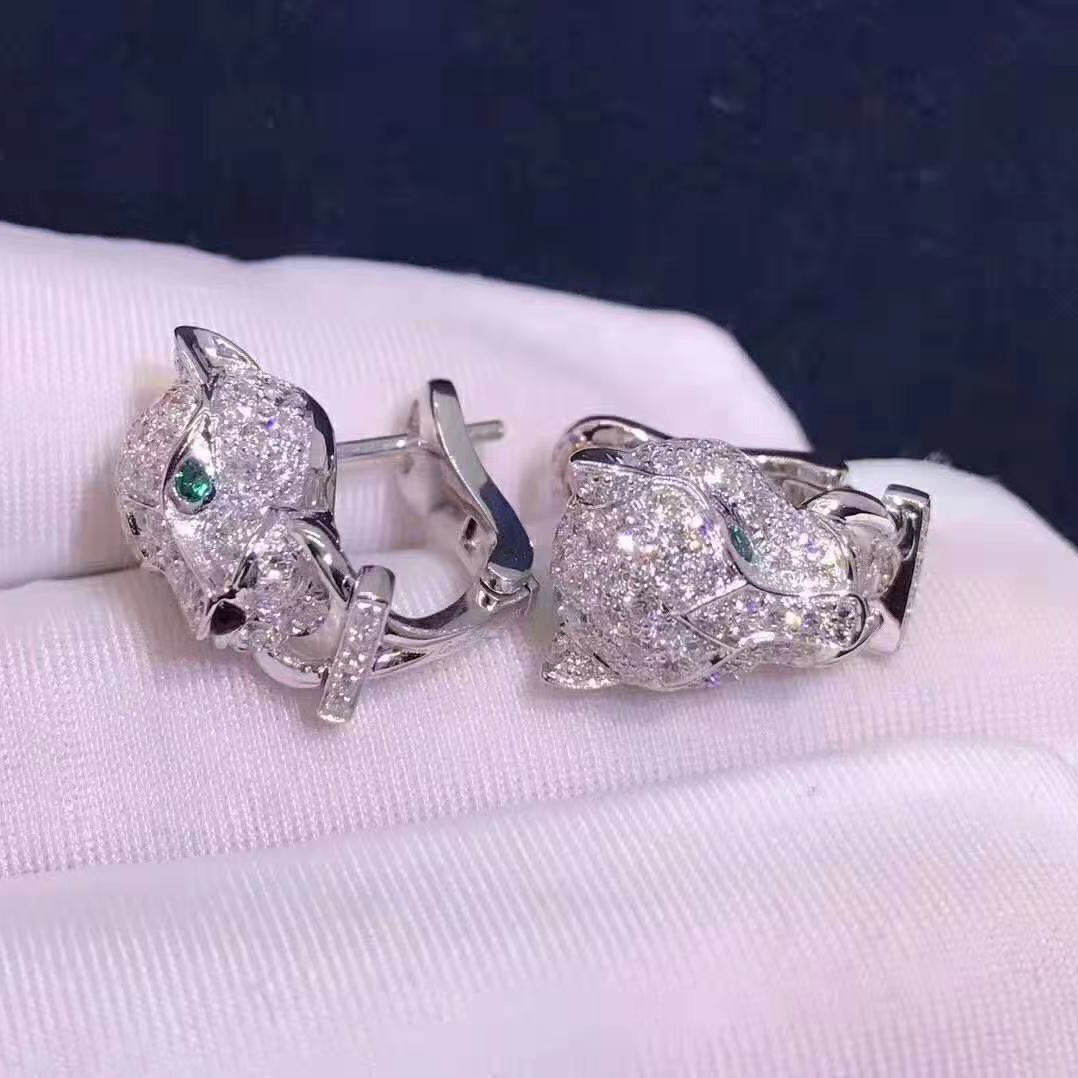 18k White Gold Panthère de Cartier Emeralds Onyx and Diamond Paved Earrings