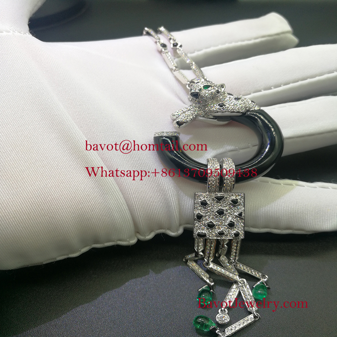 Inspired Cartier 18k White Gold Emeralds and Diamonds Panthere de Cartier Tassel Necklace